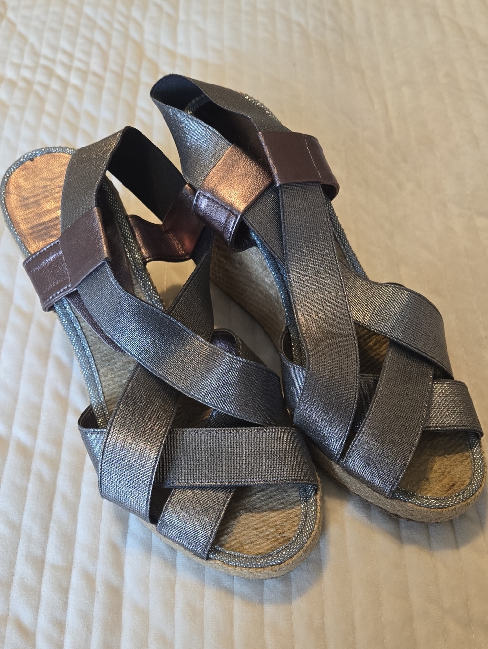 Andre Assous Metallic Charcoal Elastic Crossover Wedge Sandals